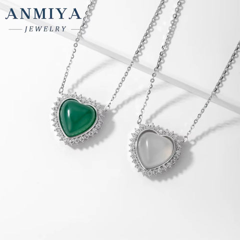 ANMIYA Fashion Chic CZ Zircon Green and White Chalcedony Heart Pendant S925 Silver Chain Necklace for Women