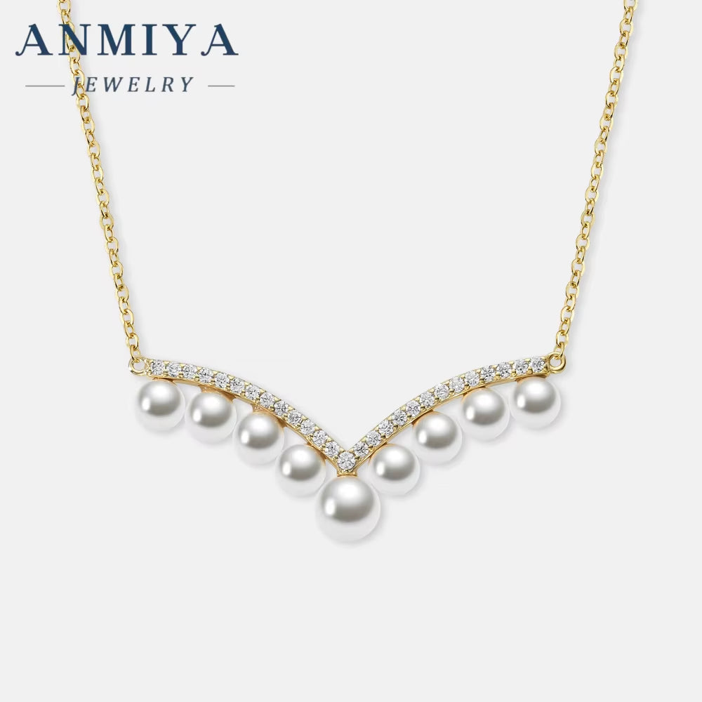 ANMIYA One-Line Shape Fresh Water Pearl Vintage Inoxidable 925 Silver 18K Collarbone Necklace