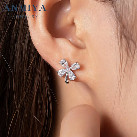 ANMIYA Four Clover Flower Fine Jewelry Fashion 925 Sterling Silver Zircon Stud Earrings for Women Girl