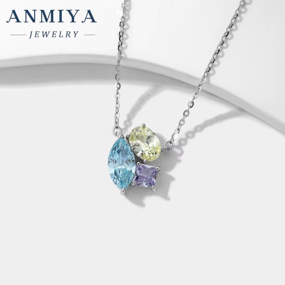 Colored Geometric Zircon round Ice Flower Cut Blue Stone 925 Silver Necklace and Earrings Stud Jewelry Set