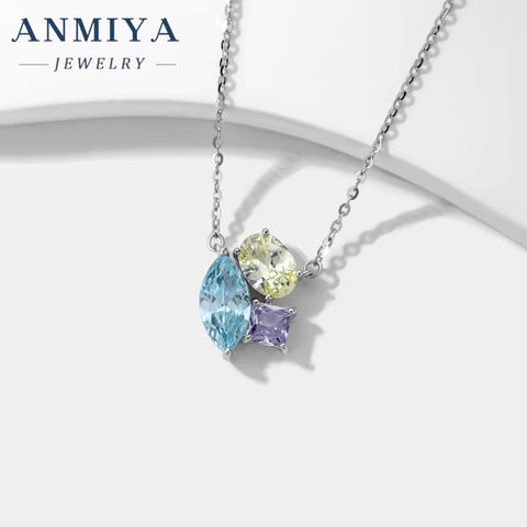 Colored Geometric Zircon round Ice Flower Cut Blue Stone 925 Silver Necklace and Earrings Stud Jewelry Set