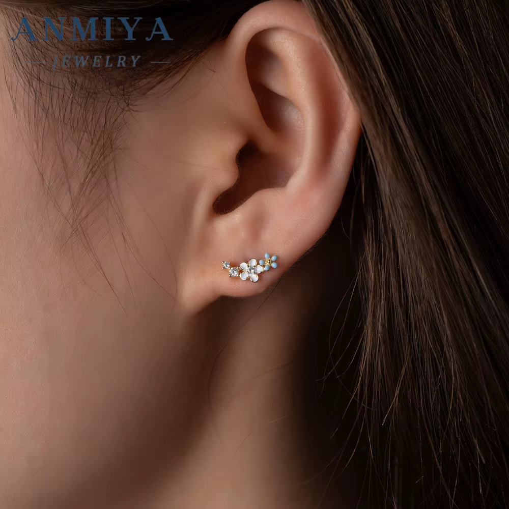 Minimalist Trending Blue Flower Zircon 925 Sterling Silver Earrings for Women Beat Gift Custom Wholesale