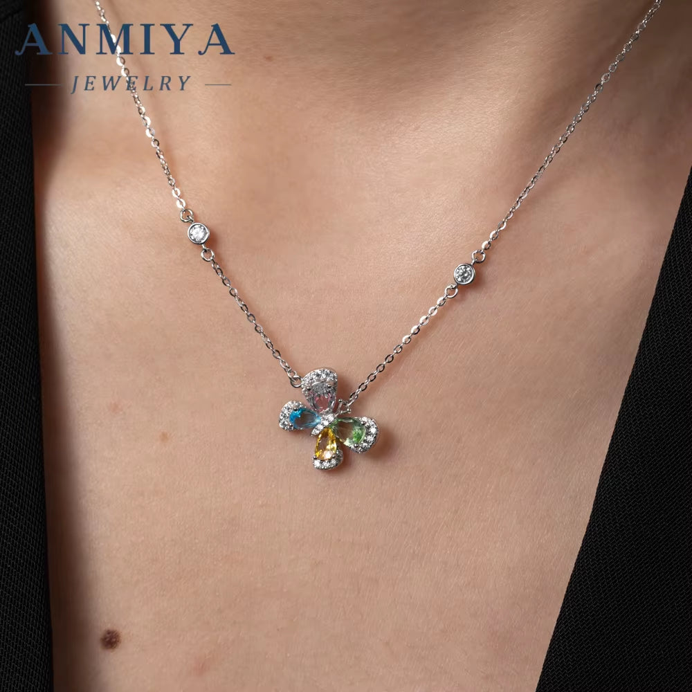ANMIYA Unique Colorful Zircon 925 Sterling Silver Fashion Jewelry Necklace for Women Girl