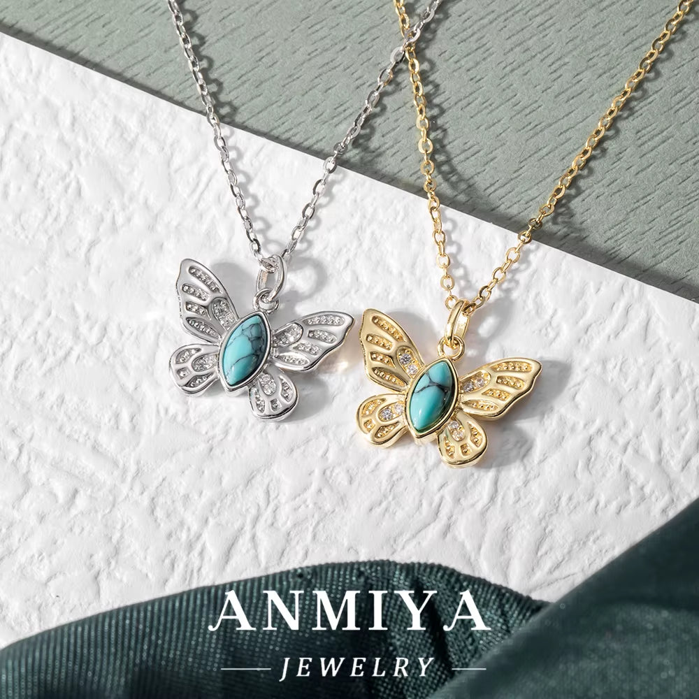 ANMIYA 925 Sterling Silver Butterfly Necklace with Turquoise Stone and Zirconia Women Necklace