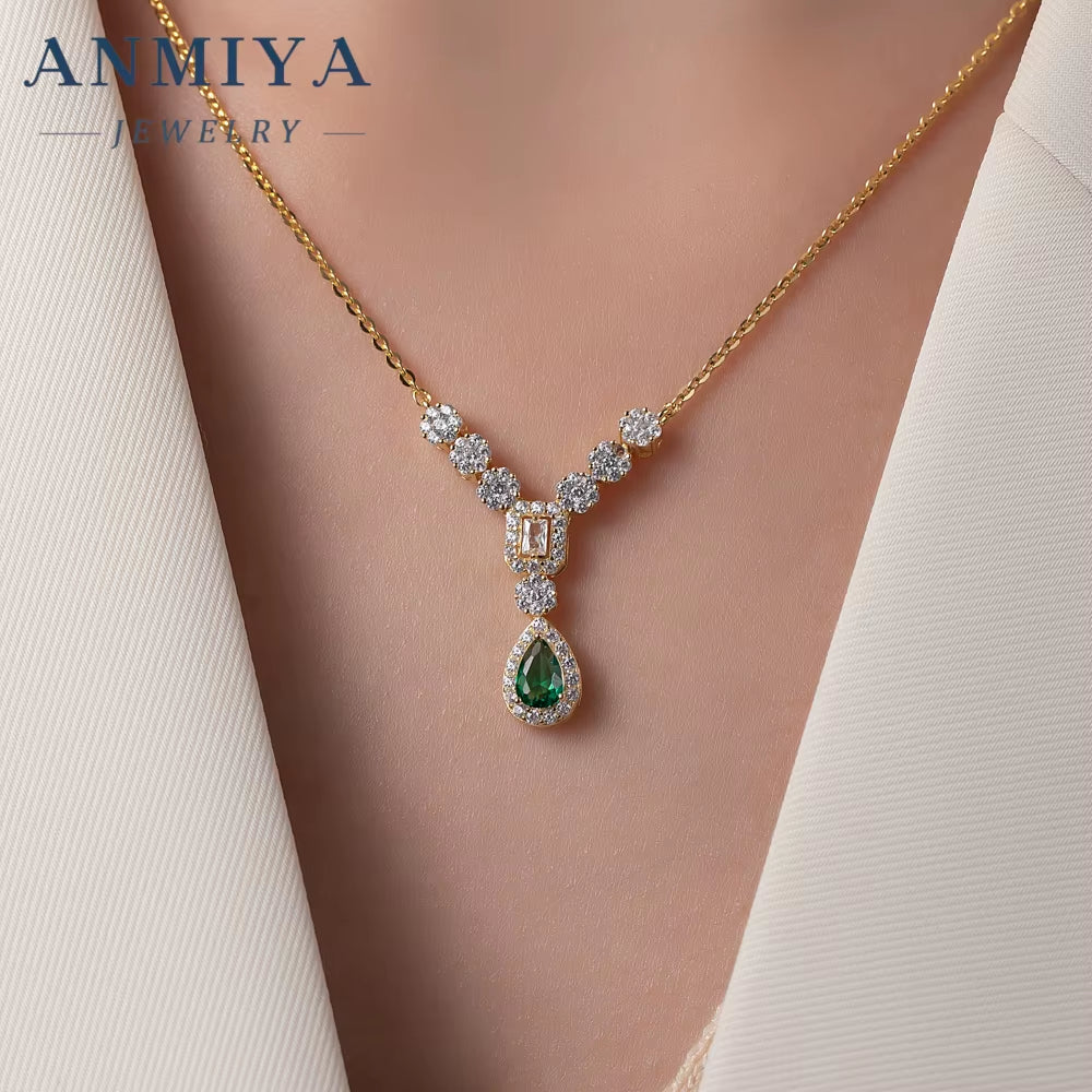 Fashionable Best Selling Emerald Zircon 925 Silver 18K Gold Necklace Pendant Jewelry Water Resistant Necklace Earrings Set