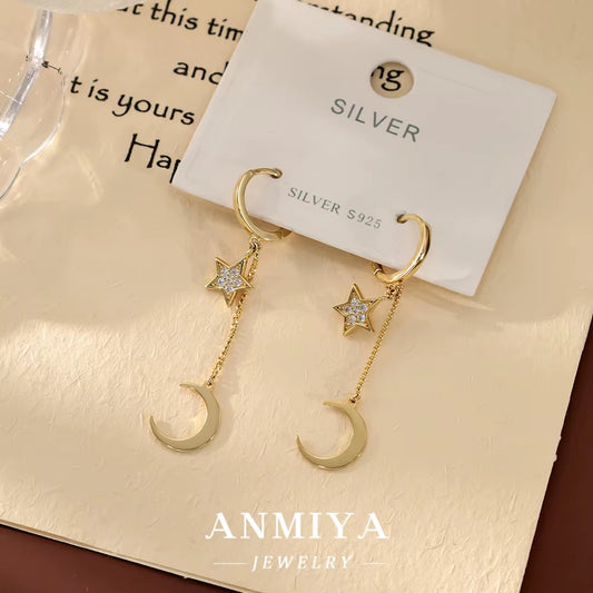 Top Selling 18K Gold Plated 925 Sterling Silver Earrings Fine Moon Star Dangle Pave Zircon Hoop Tassel Link Chain
