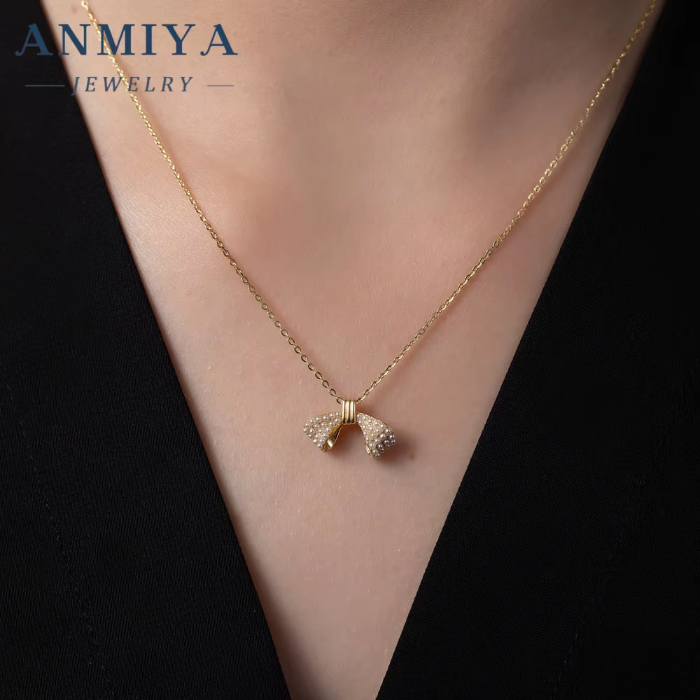 ANMIYA Popular Jewelry Necklace Sets 18K Gold Plated 925 Silver Waterproof Dainty Bow Charm Necklace for Gift