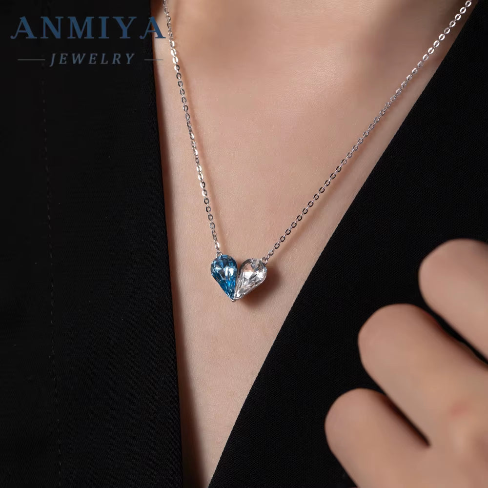 Original Design Silver Plated Necklace S925 Sterling Silver Pendant Necklace Pink Heart Crystal Necklace for Women Girls