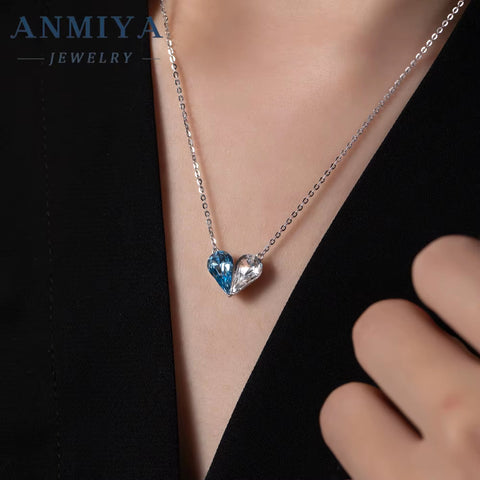 Original Design Silver Plated Necklace S925 Sterling Silver Pendant Necklace Pink Heart Crystal Necklace for Women Girls