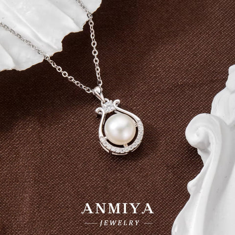 ANMIYA Simple Fashion 5A CZ Zircon Stone Paved Natural Fresh Water Pearl Necklaces for Women Wedding Jewelry