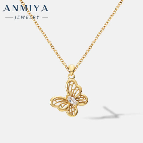 ANMIYA Elegant Hollow Out Zircon Butterfly Necklace 18K Gold 925 Silver Necklace for Women