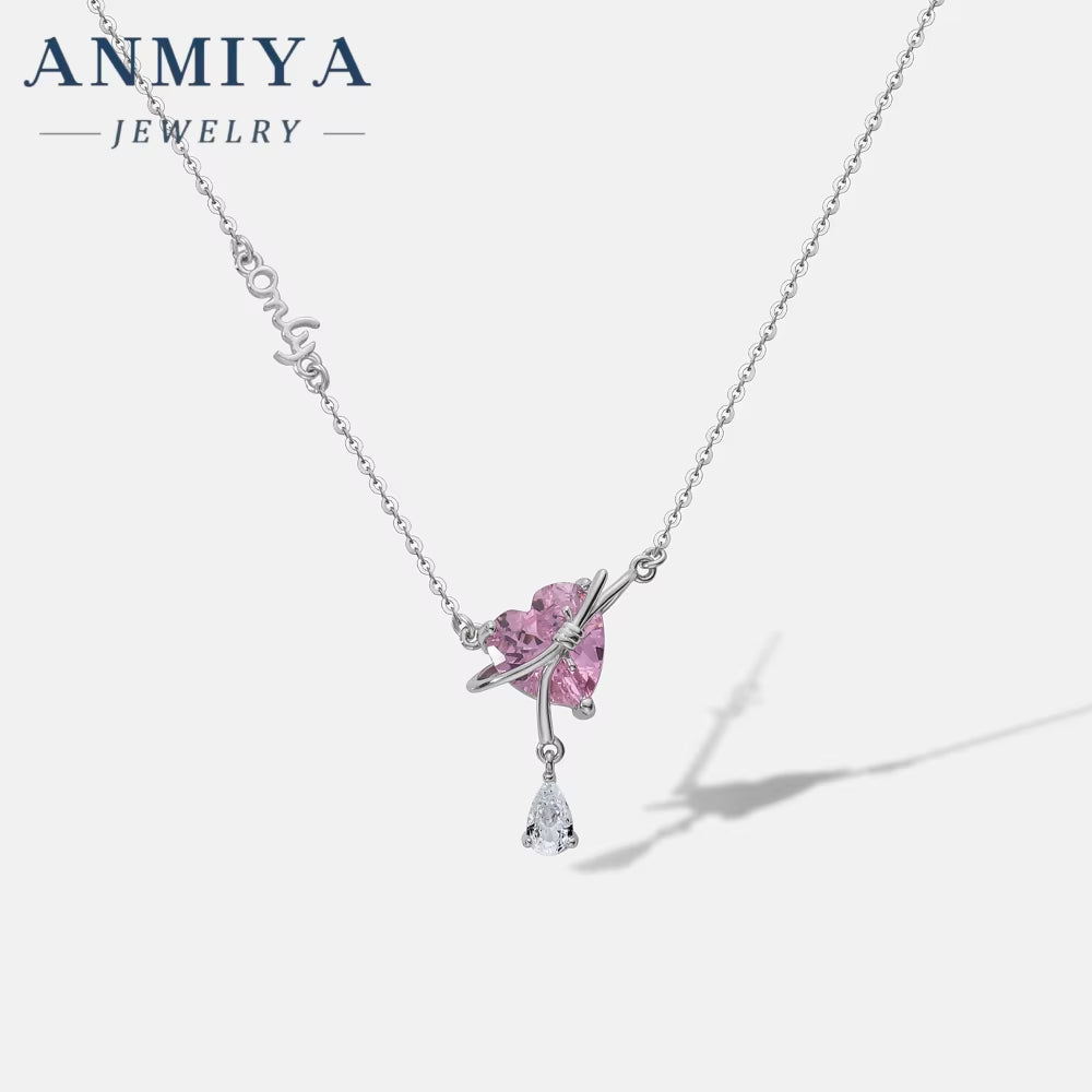 ANMIYA Fashion Jewelry Pink Heart Zircon Charm 925 Sterling Silver Necklace for Girlfriend Girl