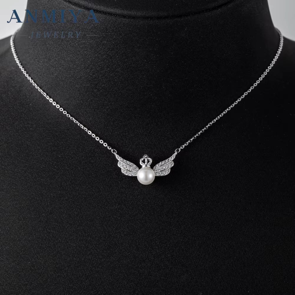 2024 New Style 925 Silver Plated Customizable Jewellery Chain Angel Wing with Pearl 5Azircon Necklace for Girl