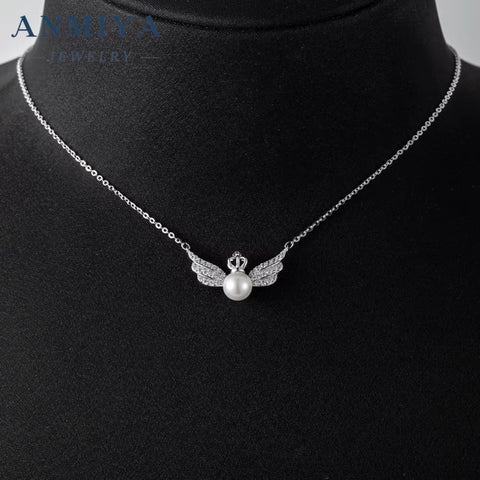 2024 New Style 925 Silver Plated Customizable Jewellery Chain Angel Wing with Pearl 5Azircon Necklace for Girl