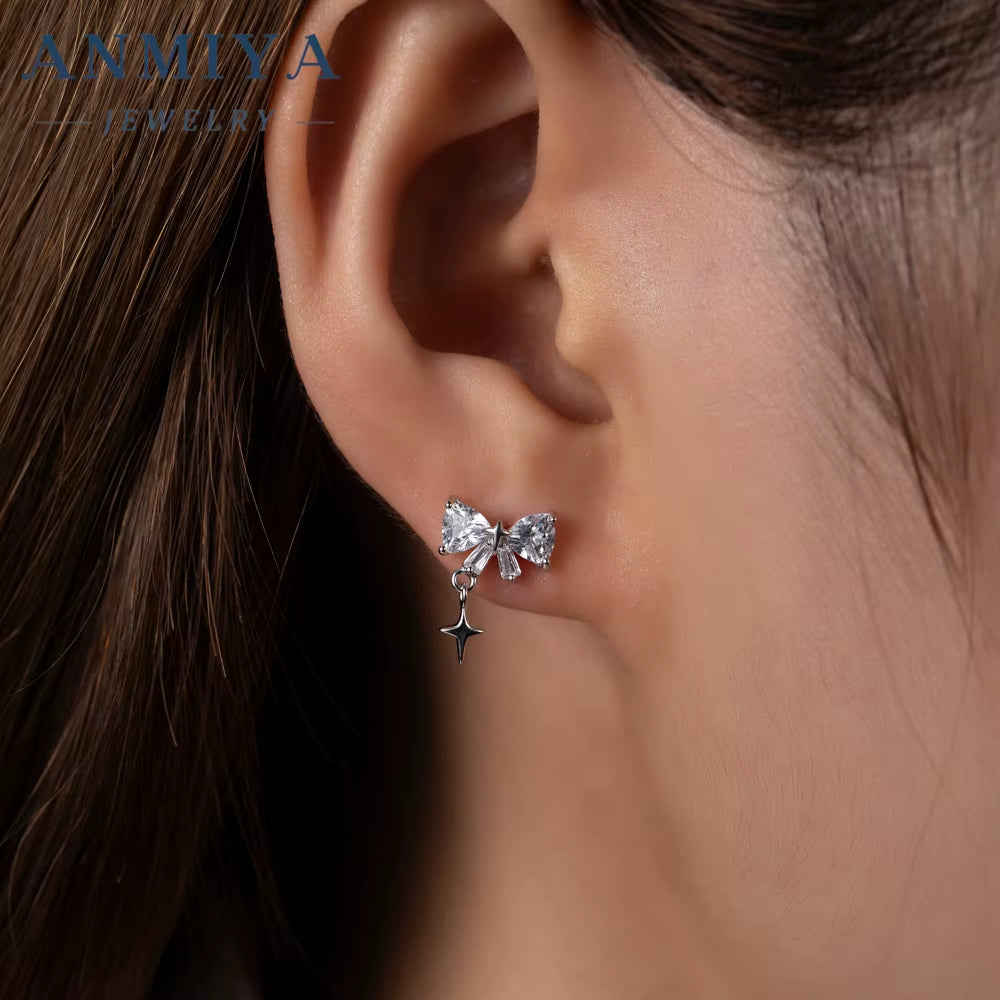 ANMIYA CZ Zircon Butterflies Earrings with Tassel 925 Silver Butterflies Pendant Earrings Gift for Daily Jewelry