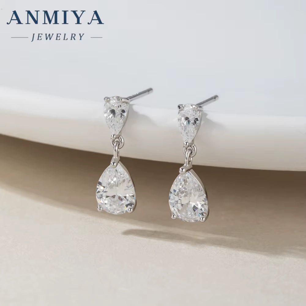 Shiny White Cubic Zirconia Water Drop Earrings for Brides Wedding Evening Party Costume Jewelry Accessories Rhodium Plated