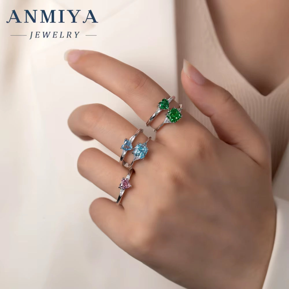 Manufacturer Luxury Beautiful Chunky Zircon 925 Silver Green Pink Blue Colorful Zircon Ring Set for Gift