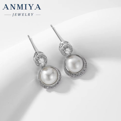 ANMIYA New Tide Water Drop Zircon Stone Pearl Fresh Water 925 Silver Girls Stud Earrings for Women Bridal