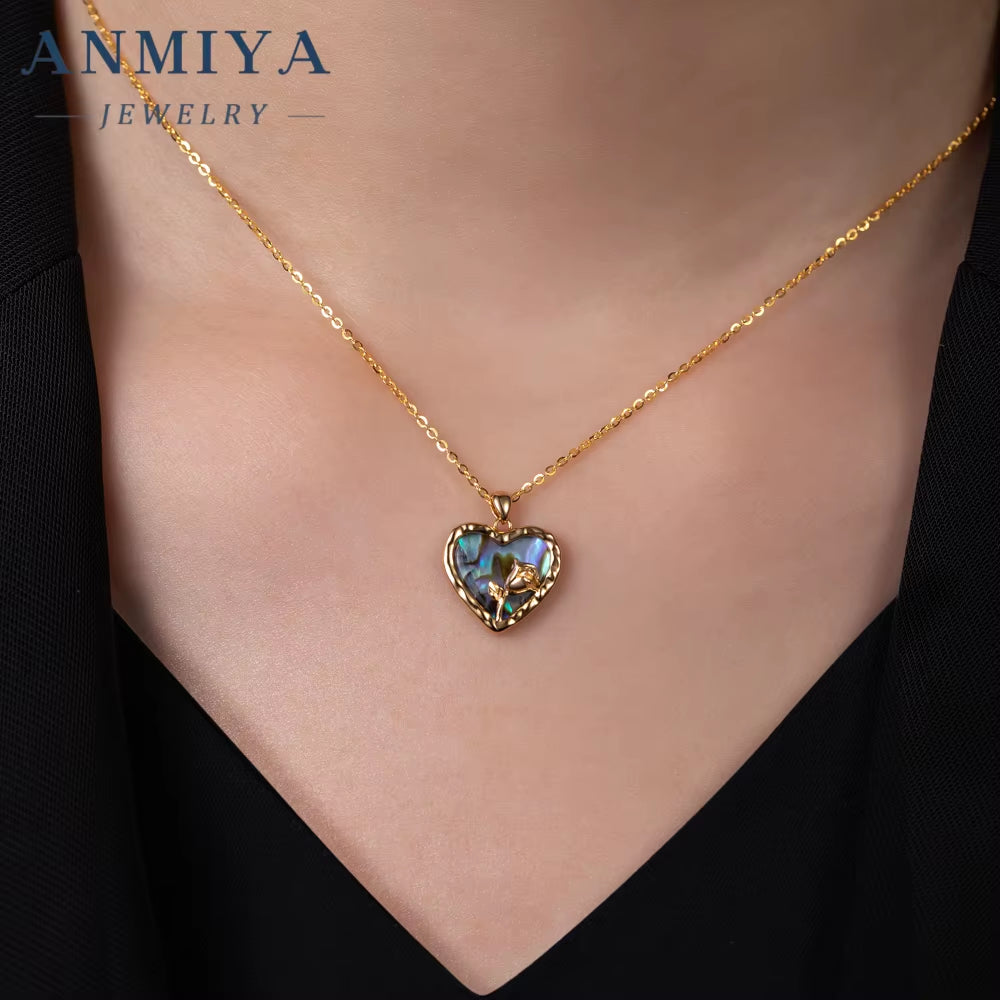 ANMIYA Purple Natural Shell Heart Necklace Rose 18K Gold 925 Silver Fashion Necklace for Lover