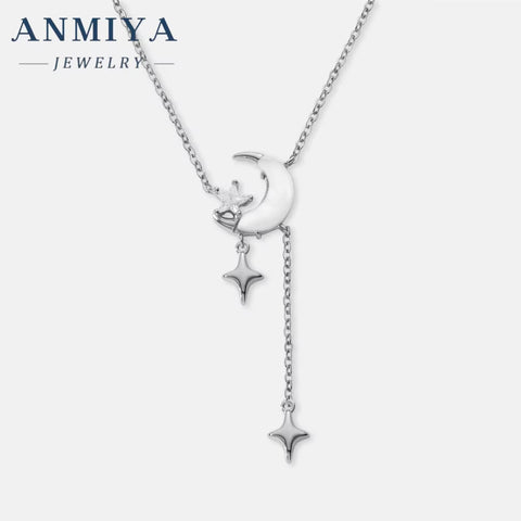 925 Unisex Fine Fashion Jewelry New Design Long Tassels Pendant Necklace with Star Moon Shape Featuring Zircon Stones