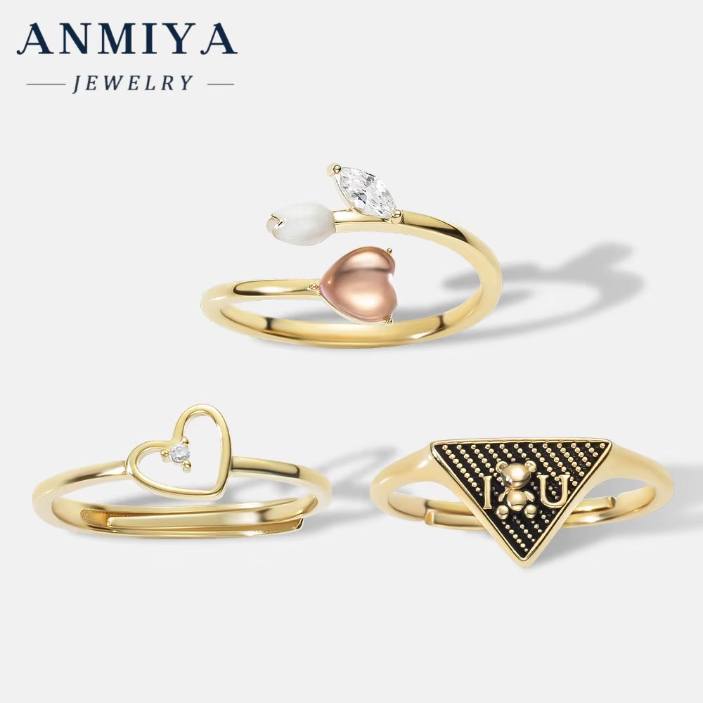 ANMIYA Luxury 925 Sterling Silver Chunky Rings 18K Gold Heart Shaped Triangle Ring Set for Lover Women Anniversary Gift