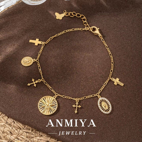 ANMIYA Christian Catholic Religious Bracelet 925 Silver 18K Gold Jesus Cross Bracelet