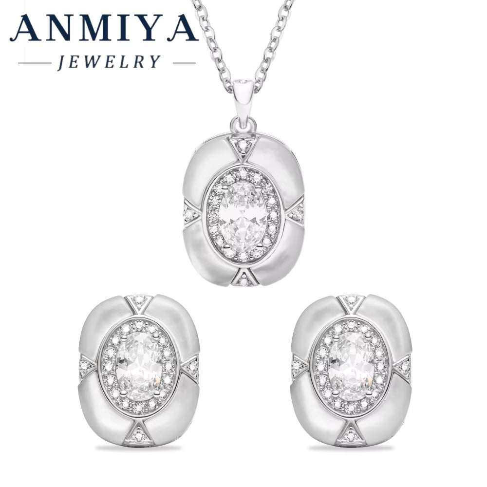 Minimalist Circle Design Silver Plated Silver 925 Jewelry Set with Jade Accents and Geometric Zircon Inlay for Gifts