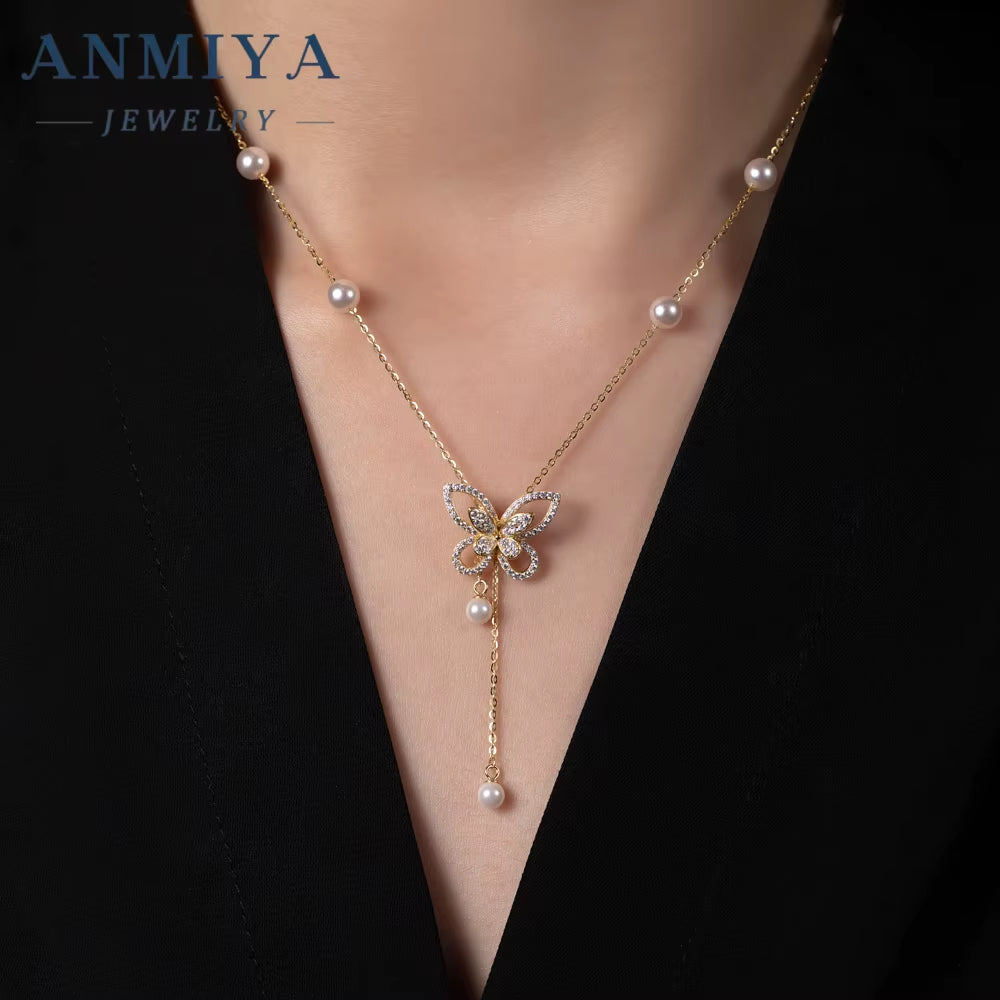 Wholesale Silver Necklace Women 925 Sterling Silver Full Zircon Pearl Butterfly Pendant Necklace Gold Plated Chain Necklaces