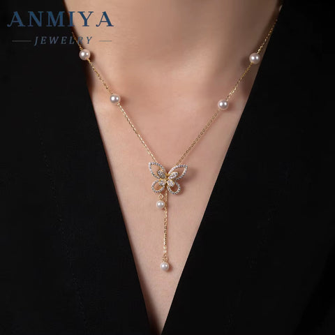 Wholesale Silver Necklace Women 925 Sterling Silver Full Zircon Pearl Butterfly Pendant Necklace Gold Plated Chain Necklaces