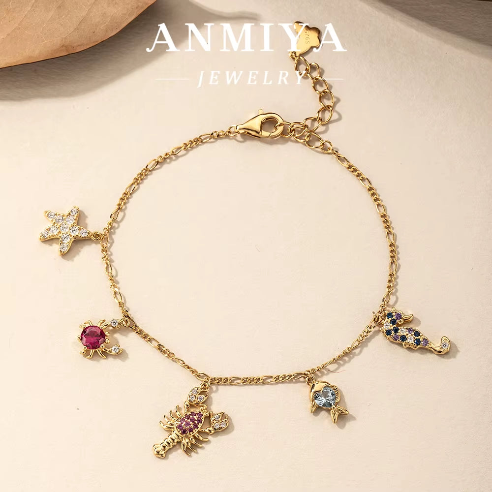 Unique Starfish Sea Horse Fish Shell Charm Bracelet Fashion 925 Silver 18K Gold Plated Cuban Chain Bracelet Jewelry for Kid