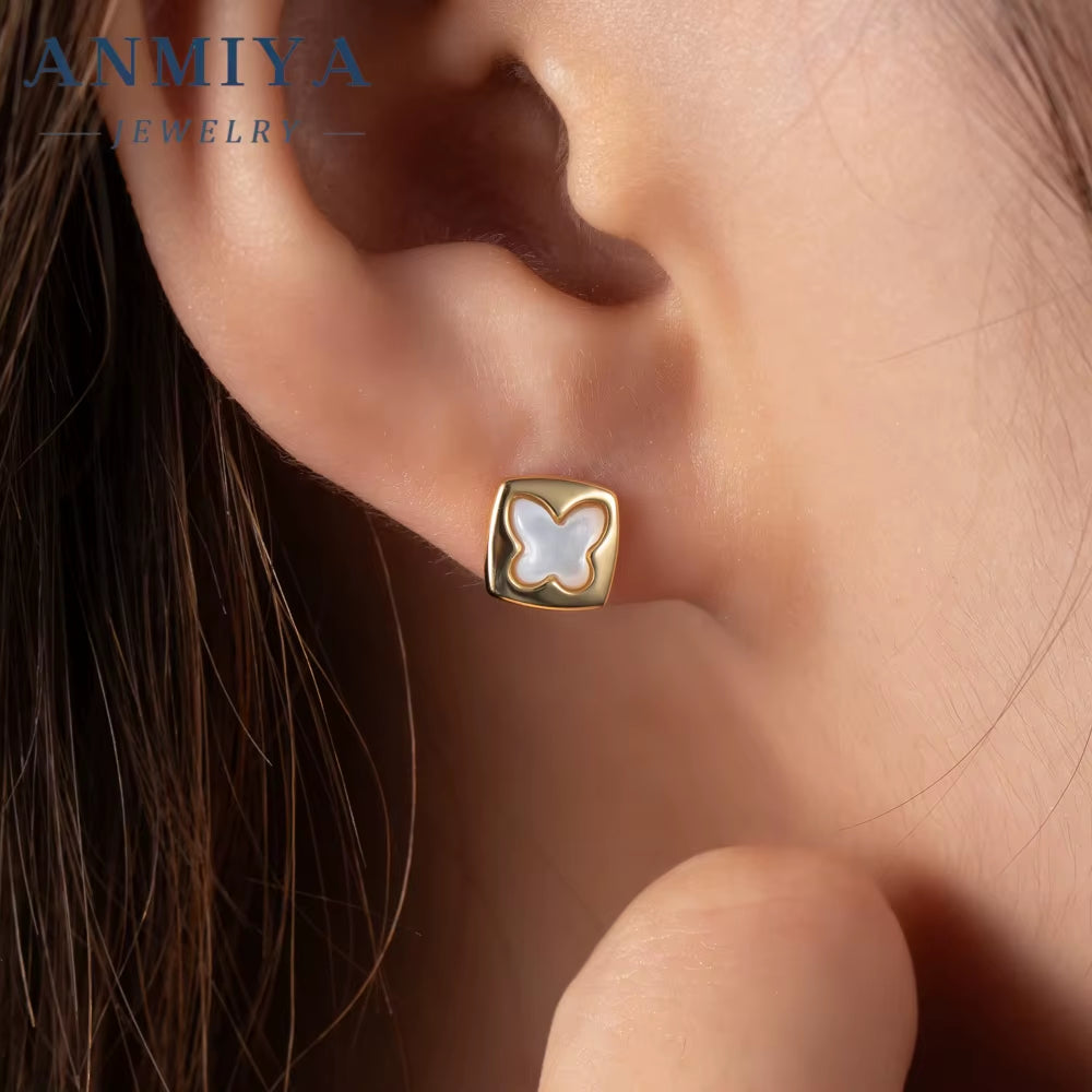 ANMIYA Square Butterfly Shape 18K Gold Plated Shell Jewelry Fashion Stud Earrings