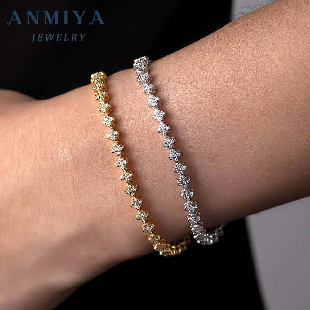ANMIYA 925 Silver Fashion Charm Bracelet Inlaid Four Leaf Clover Zirconia Tennis Chain Clover Waterproof Bracelet for Women
