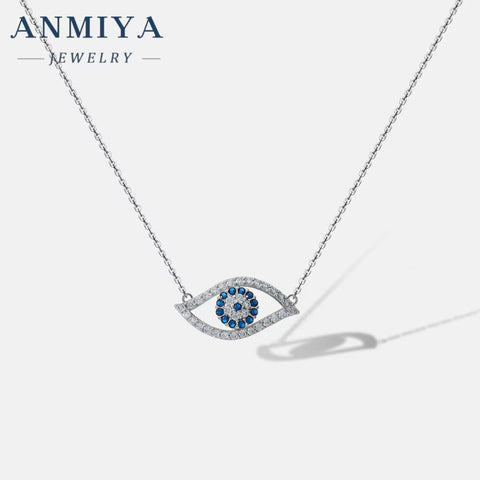 ANMIYA Fashion Blue Color Eye Pendant Necklace Women Simple 925 Sterling Silver Eye Necklace