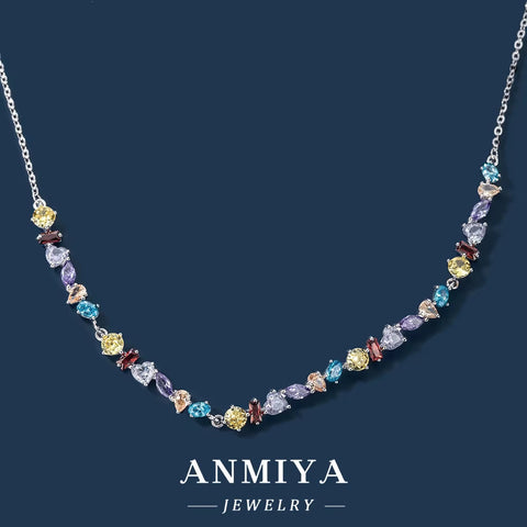 ANMIYA Accessory Jewelry 925 Sterling Silver Colored Zircon Heart Collarbon Necklaces for Bestfriend Jewelry