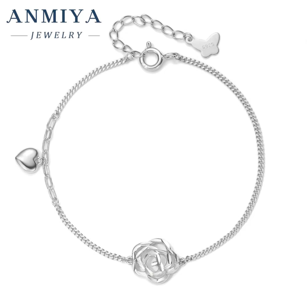 925 Sterling Silver Jewelry Flower Cutouts Clover Bracelet with Snake Chain Heart Charm Design Elegant Women'S Jewelry for Gift