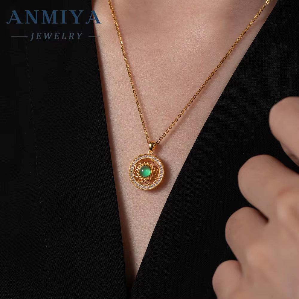 ANMIYA Hollow Flower Pattern Green Chalcedony round Shape 925 Silver 18K Gold Plated Necklace for Women