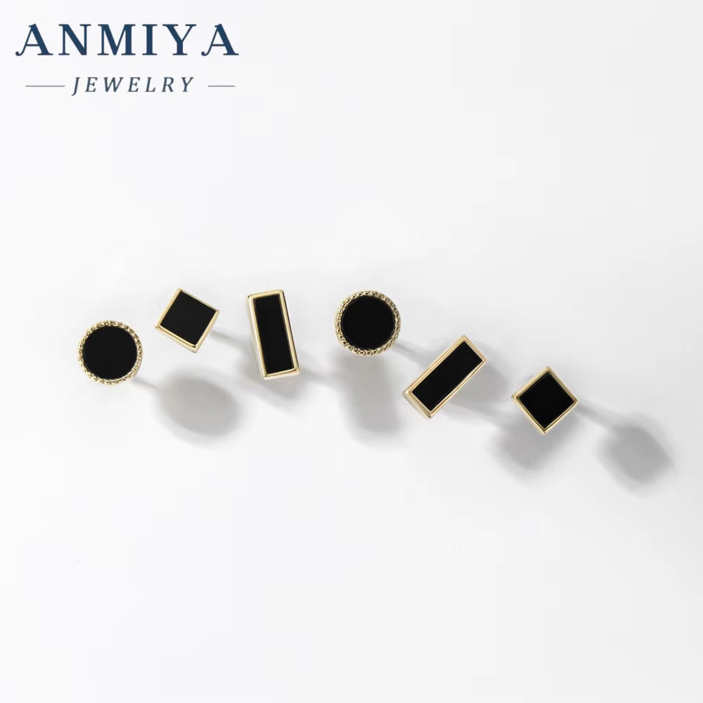 ANMIYA Geometric Shape round Squaer Black 925 Silver Vintage Piercings Stud Earrings 3 Pair for Women
