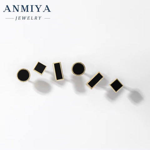 ANMIYA Geometric Shape round Squaer Black 925 Silver Vintage Piercings Stud Earrings 3 Pair for Women