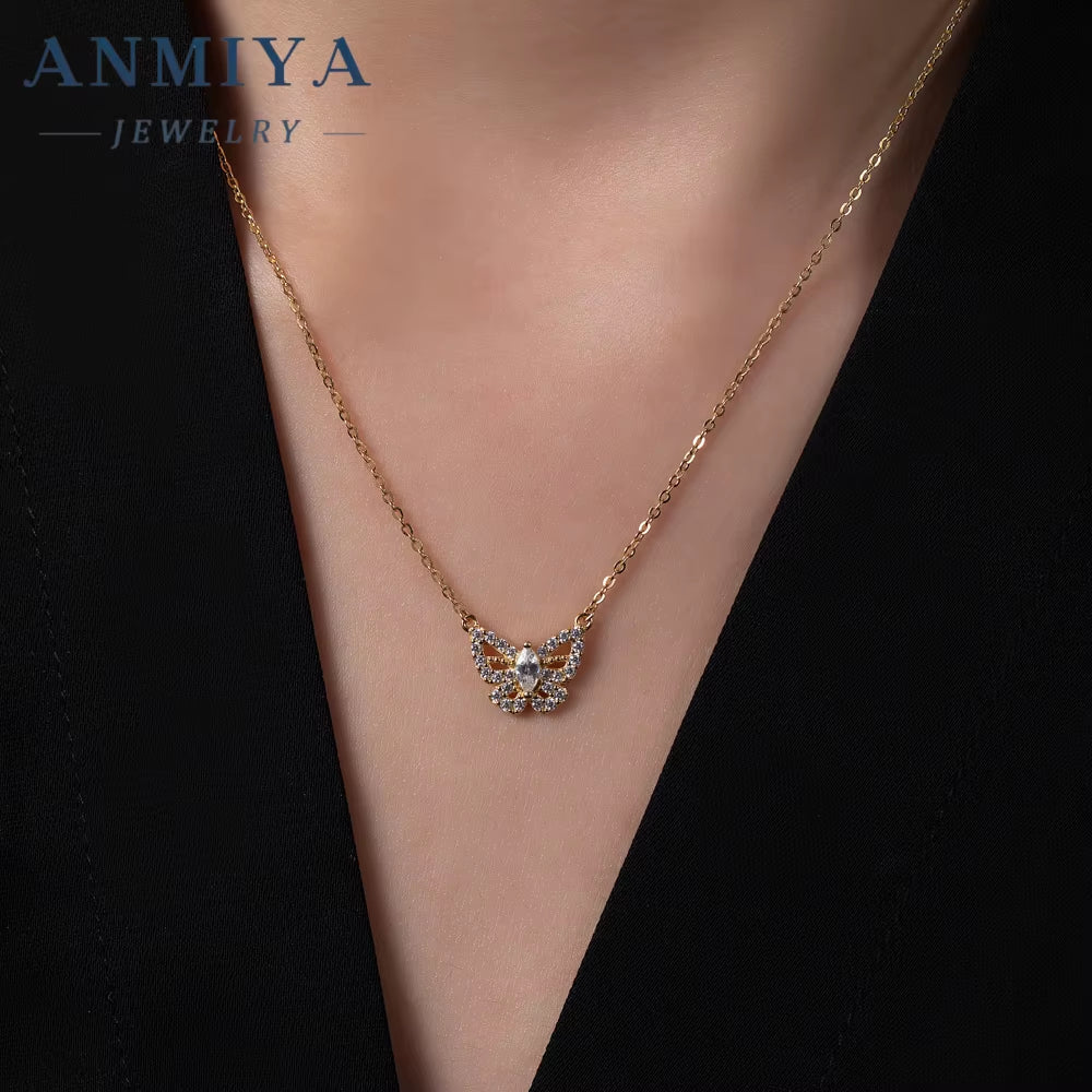 ANMIYA Best Selling Trendy Diamond Necklace 925 Sterling Silver Gifts Women Pink Zirconia Butterfly Necklace