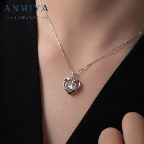 ANMIYA Luxury Dainty Italian Heart Pendant Charm Necklaces 925 Sterling Silver with Zircon Gold Trendy for Women