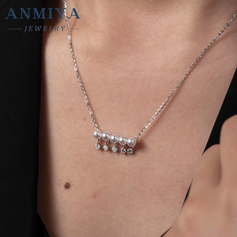 ANMIYA Fashion Chains One-Line Shape Fresh Water Pearl Collarbone Necklace 925 Sterling Silver Necklace
