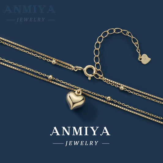 ANMIYA Fashionable Love Pendant Necklace Gold Plated Heart Double Layer Chain Necklace for Women Party Jewelry