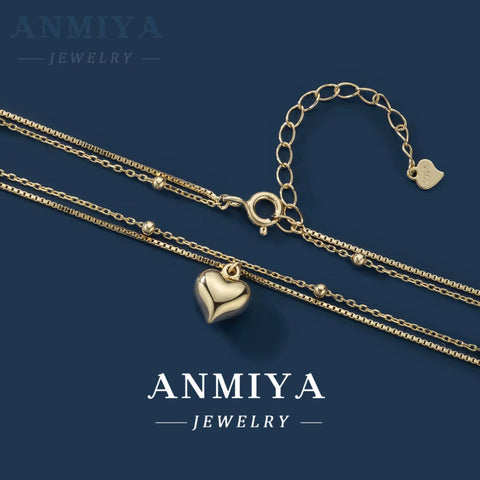 ANMIYA Fashionable Love Pendant Necklace Gold Plated Heart Double Layer Chain Necklace for Women Party Jewelry