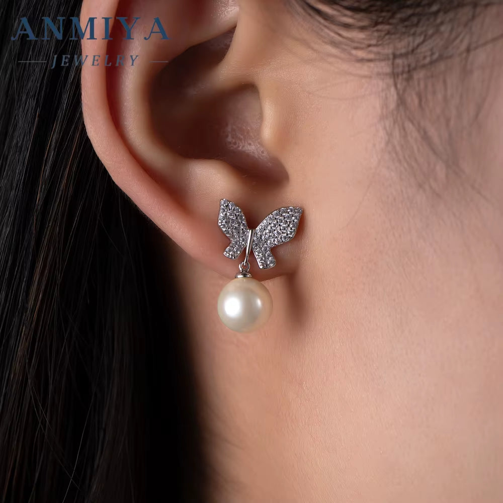 ANMIYA Best Selling Butterfly Water Resistant Zirconia Cute Sweet Earrings Stud 925 Silver High Quality Earring for Women Summer