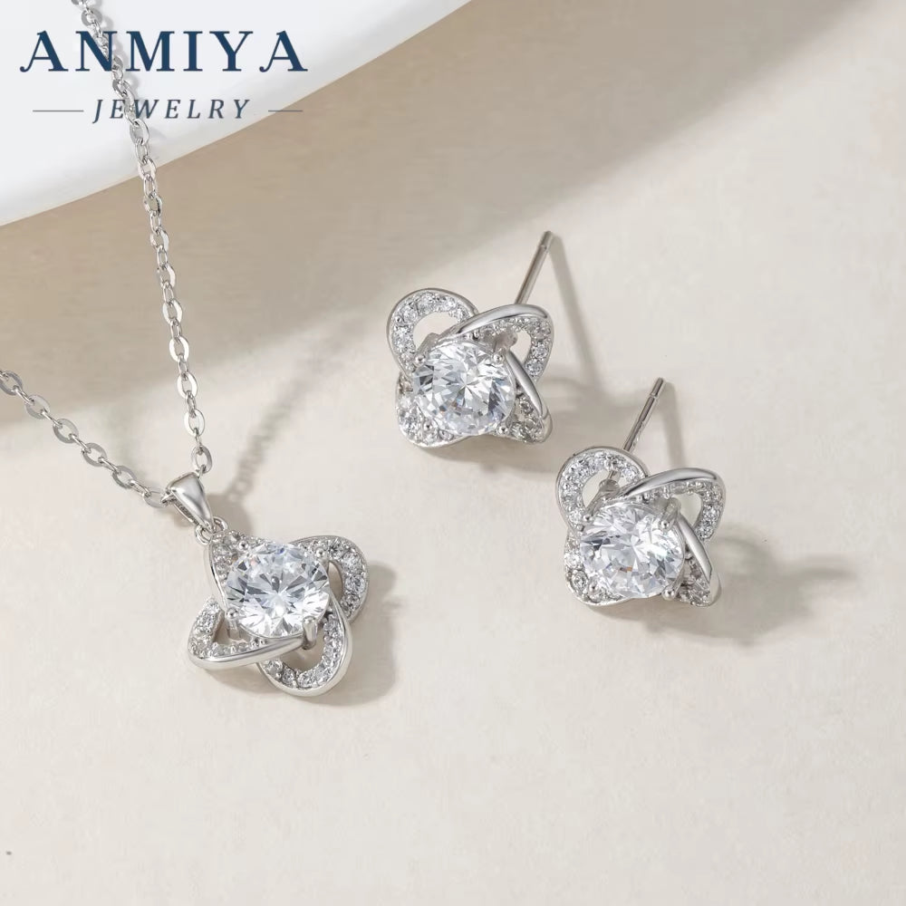 New Style Unique Four Leaf Clover Shine S925 Silver Rhodium Plated Necklace Earrings Set Jewelry for Ladies Women