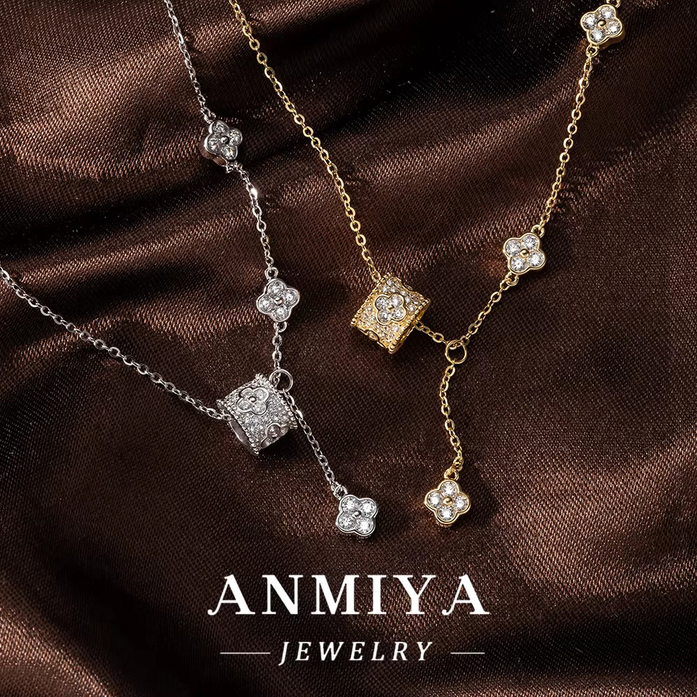 ANMIYA Light Luxury Design High Sense Four-Leaf Clover Fringe 925 Silver Necklace Sweet Girl Necklace