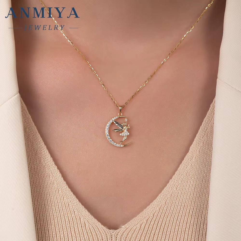 925 Sterling Silver Unisex Friendship Pendant Trendy Fashion Jewelry Necklace Zircon Iced Elfin Fairy Moon Angel Necklace