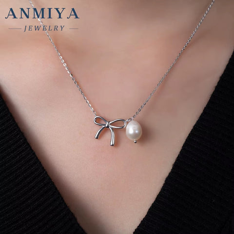 925 Sterling Silver Gold Bow Pearl Necklace for Bowknot Sweet Unique Design Fashion Elegant Style