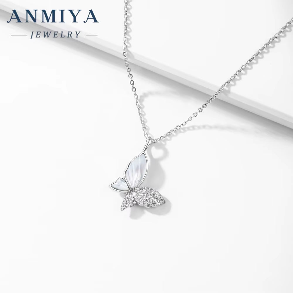 ANMIYA Sweet Fine Jewelry Friendship Jewelry 925 Silver Zircon Women Butterfly Set Pendant Necklace