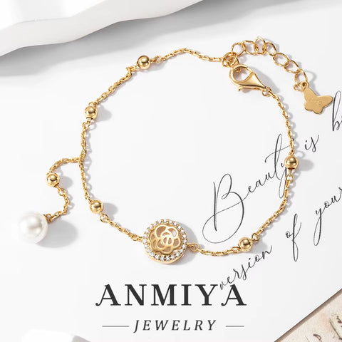 Antique Silver Jewelry Clover Bracelet, Bead Accents & Flower Cutouts, Pearl Tassel Charms for Evening Events